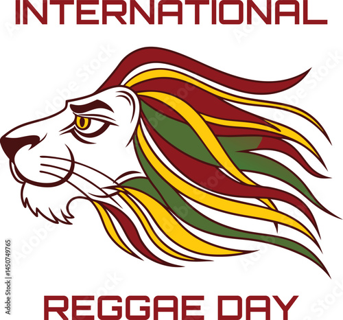 International Reggae Day Lion: A stylized lion's head, its mane a vibrant cascade of red, gold, and green, symbolizes International Reggae Day.