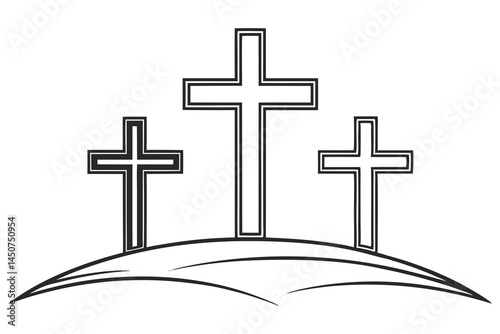 Three simple black lined crosses stand atop a windy grassy hill over white