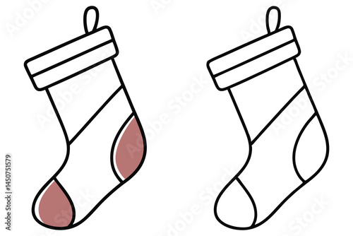 A single partially colored stocking sits next to an uncolored stocking line drawing