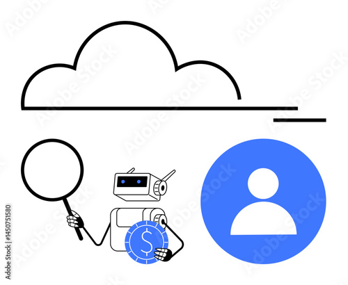 Robot holding magnifying glass and coin under cloud connected to digital profile. Ideal for AI, data analytics, cloud solutions, fintech, automation, personal data, user management. Flat simple