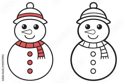 Two cute snowmen stand happily together, each wearing a hat and scarf, in line art