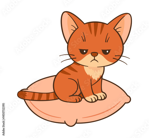 Bored and frowning orange tabby cat sitting on pink pillow. Flat style Chibi cat clean, simple design. Perfect for children’s content, greeting cards, stickers, tshirts, mug and posters illustration