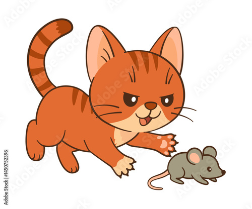 Mischievous red tabby cat chasing small gray mouse. Chibi ginger kitten in Flat style clean, simple design. For children’s book, story illustrations, greeting cards, stickers, tshirts, mug and posters