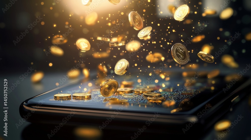 Golden Coins Raining Down on a Smartphone - Digital Wealth