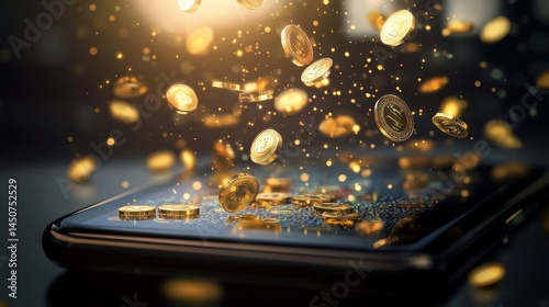 Golden Coins Raining Down on a Smartphone - Digital Wealth
