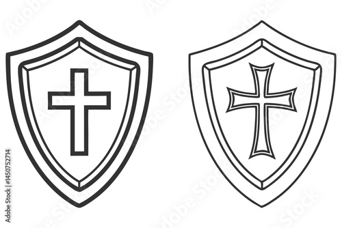 Two outlined shields contain unique Christian crosses against a white background, evoking concepts of faith