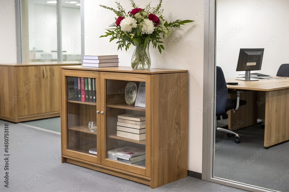 Fototapeta premium Side cabinet in office with one vase and stack of books