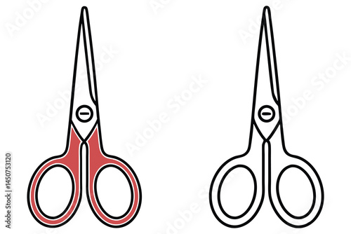 Outlined scissors with a red handle stands isolated alongside a black outline on white