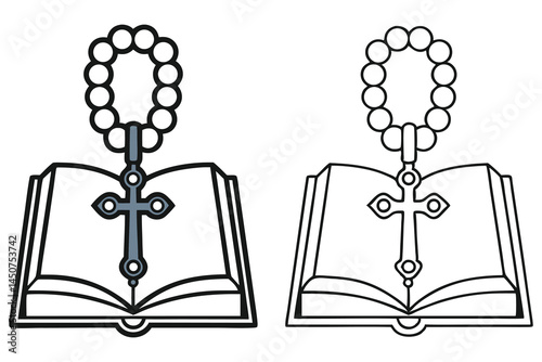 Rosary hangs over an open book with a gray cross icon, outlined in black