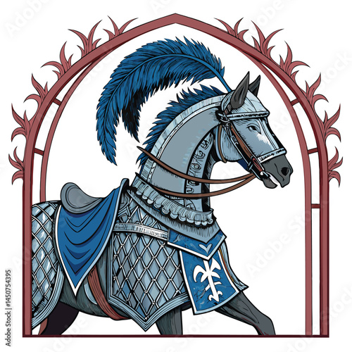 A majestic warhorse, fully clad in ornate royal court armor, complete with a plumed helmet, stands proudly.  High-detail, realistic rendering.