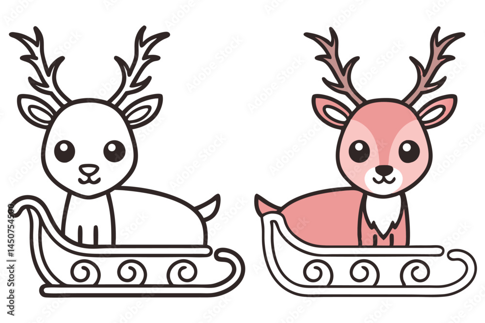 Two charming reindeers, one outlined and one pink, sit sweetly within decorated sleighs, transparent background Two charming reindeers, one outlined and one pink, sit sweetly within decorated sleighs, transparent background