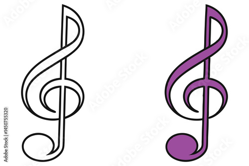 Two musical symbols, one black outline and the other purple, are presented here