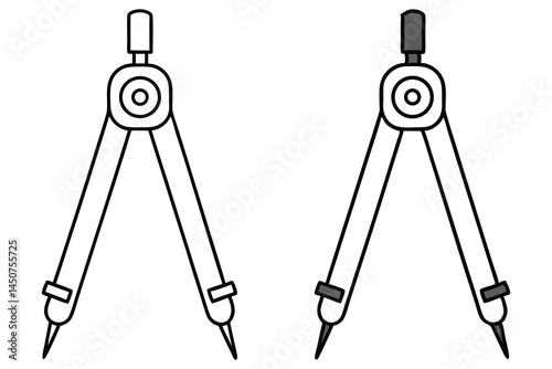 Two open drawing compasses each in outline style sit ready on a transparent backdrop