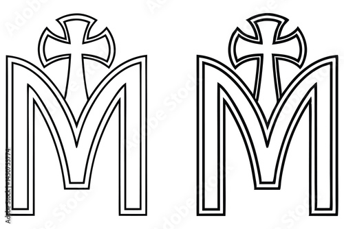 Two outlined Marian symbols featuring letter M and cross share common characteristics in the design