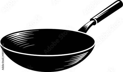 Black and white vector illustration of a wok pan