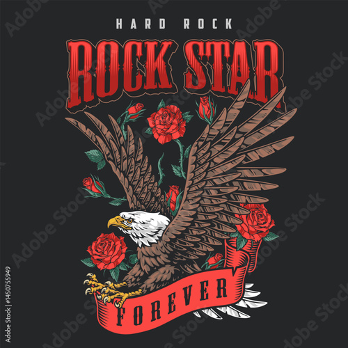 Vibrant eagle and roses rock star design
