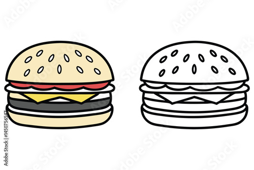 Colored and black outline images of stacked hamburger are isolated on a transparent backdrop