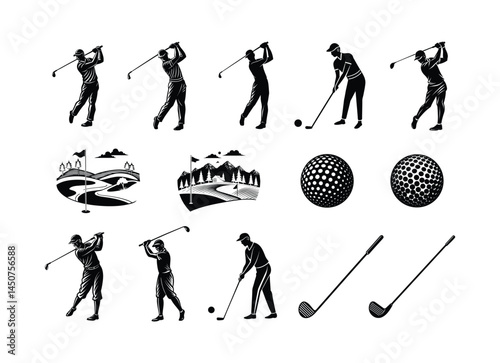 Set of golf players vector silhouettes show sport action of people, men and woman, in a black illustration on white background