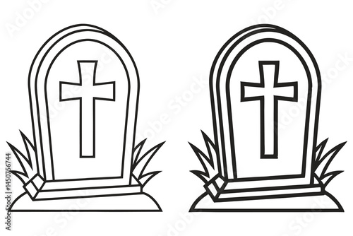 Two grave markers with a prominent cross and a simple grass adornment on white