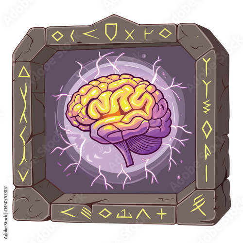 A vibrant, glowing brain levitates amidst intricately carved runes, emanating ethereal light.  Focus on detailed rune carvings and the brain's luminescence.