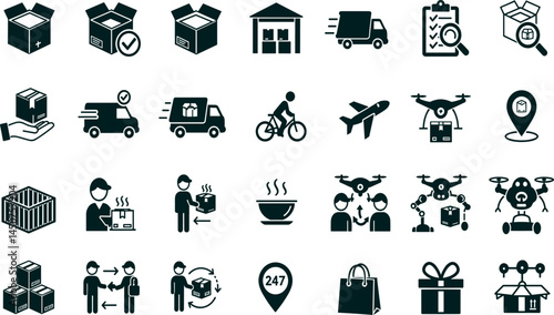 Delivery, logistics icon set. Vector glyph pictograms of package, truck, warehouse, drone, supply chain, shopping bag, shipping, courier, e-commerce concept black silhouette