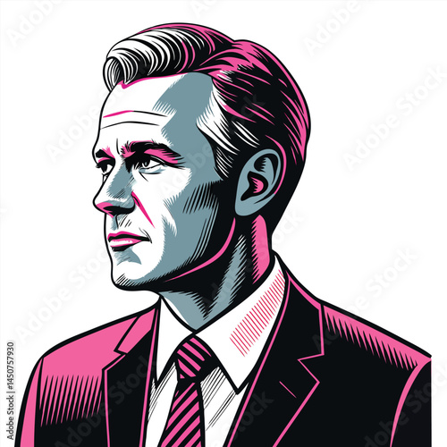 Generate a surreal image of a man in a sharp suit, his face eerily reversed, with noticeable digital glitches and distortions affecting his features and attire.