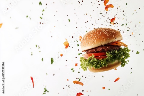 Delicious burger with fresh ingredients in dynamic motion on a clean white background capturing the essence of fast food photography and culinary delight