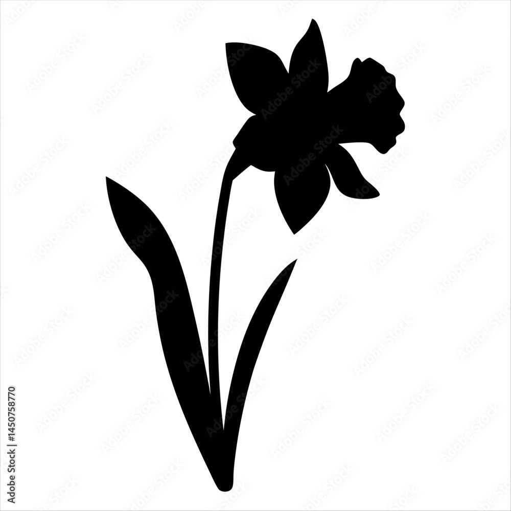 Naklejka premium Single Narcissus Flower Silhouette with Leaves on a White Background Art