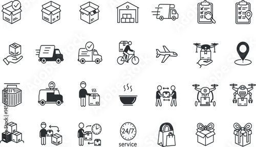 Delivery, logistics icon set. Vector glyph pictograms of package, truck, warehouse, drone, supply chain, shopping bag, shipping, courier, e-commerce concept black silhouette