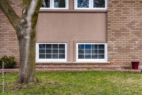 Residential Exterior with Brickhouse Wall and White Framed Windows