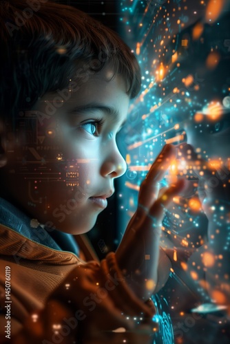 A child gazes in wonder at a glowing interface, symbolizing curiosity and the future of digital exploration.
