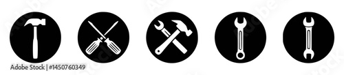 Set of monochrome tools inside black circles