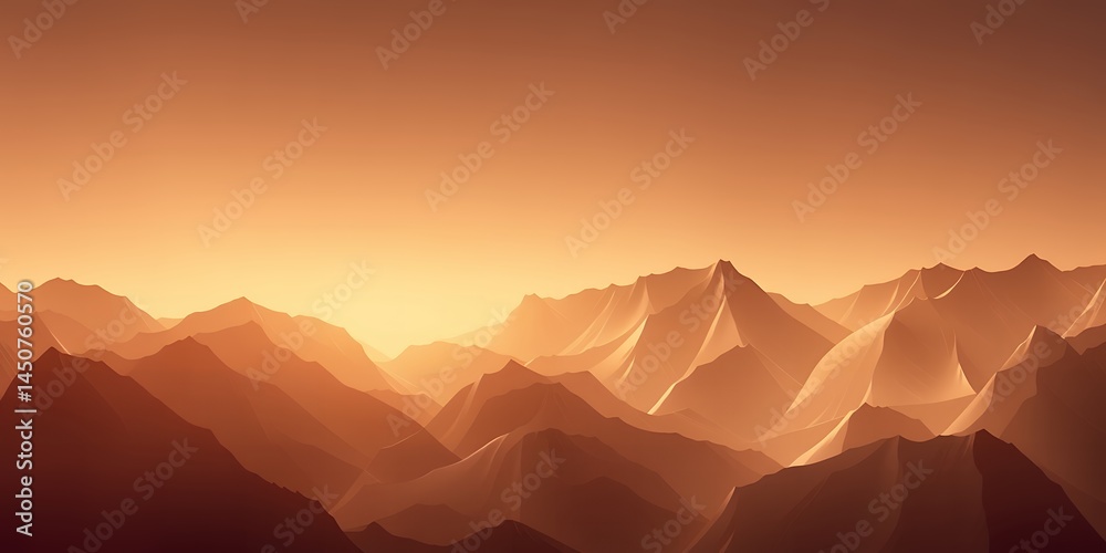 A landscape view of layered mountains with a warm orange color cast and hazy atmosphere