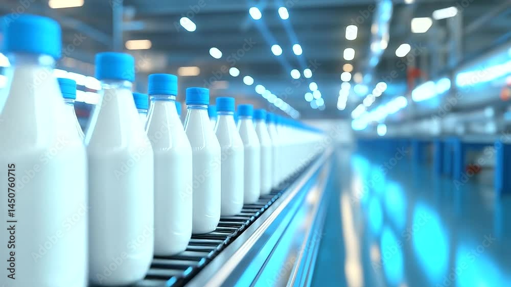 An advanced dairy facility with an interconnected conveyor system, where milk bottles are automatically filled, sealed, and boxed for distribution.