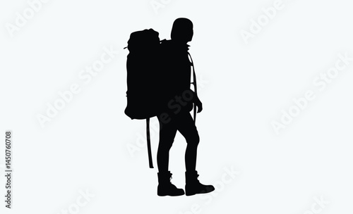 Hiker with backpack silhouette, hiking man outline, mountain explorer silhouette, backpack traveler vector