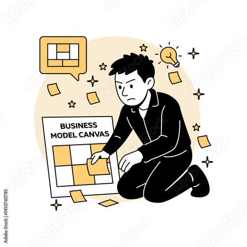 Vector illustration of a man planning a business model canvas with sticky notes and strategy icons. for tech startup planning, innovation, and entrepreneurial frameworks.