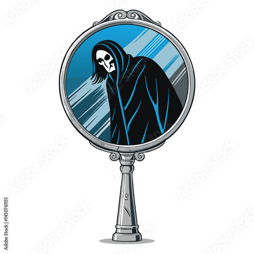 Render a surreal, distorted mirror reflection showing a mysterious figure, hinting at a hidden, unsettling identity.  Focus on the warped, fragmented nature of the reflection.
