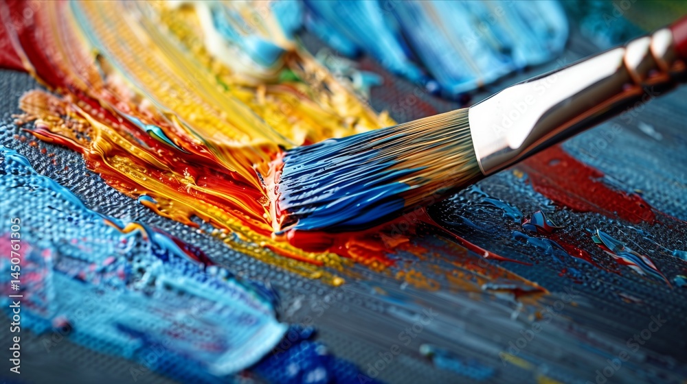 Fototapeta premium A close-up of a paintbrush gliding over a colorful canvas, showcasing vibrant hues and creative artistry.