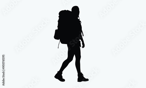 Hiker with backpack silhouette, hiking man outline, mountain explorer silhouette, backpack traveler vector