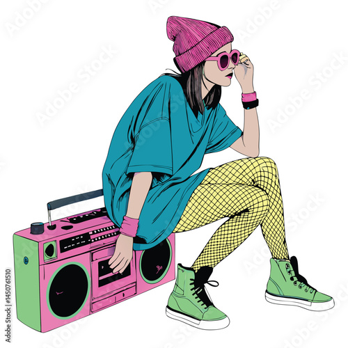 A stylish young woman in an oversized graphic tee, fishnet stockings, and a beanie, showcasing a modern, streetwear aesthetic.