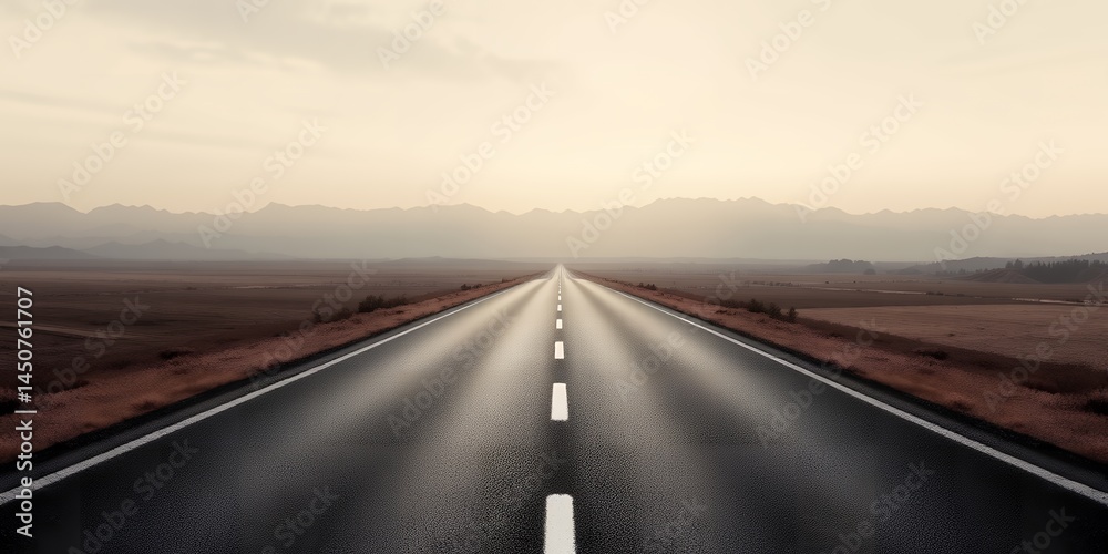 A long straight asphalt road stretching into the horizon with mountains in the background