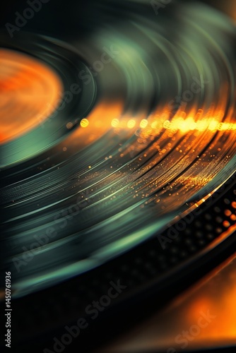 A close-up of a vinyl record spinning, capturing the vibrant light reflections and the texture of the grooves.