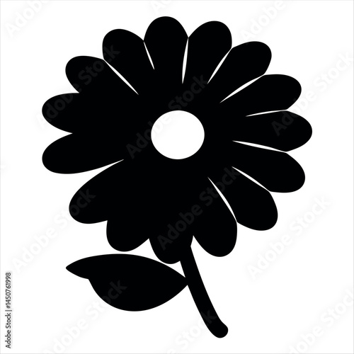 Silhouette of a single daisy flower with a leaf on white background
