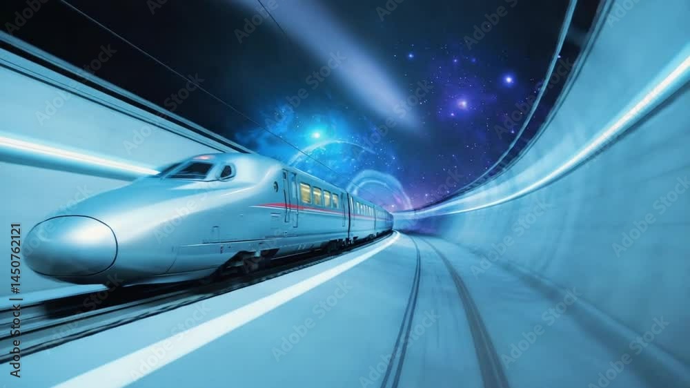 high-speed train tunnel infinite void. tunnel walls bend twist train. Colors swirl hypnotic vibrant blues, purples, greens abstract cosmic stars, planets, meteor flow train's. surreal, environment