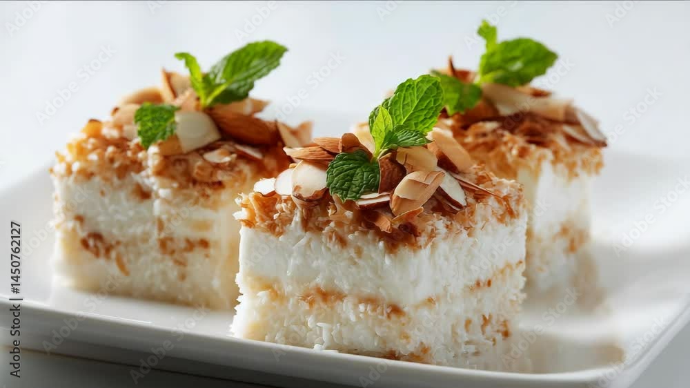 Three delectable coconut and almond square cakes decorated with mint sprigs displayed on a white plate, a dessert delicacy. Three delectable coconut and almond square cakes decorated with mint sprigs displayed on a white plate, a dessert delicacy.