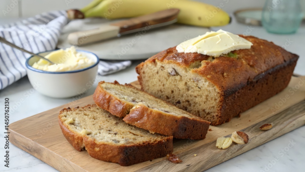 Homemade Banana Bread Loaf with Butter Spread on Wooden Cutting Board
Homemade Banana Bread Loaf with Butter Spread on Wooden Cutting Board
