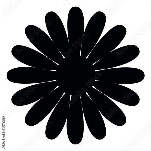 Monochrome flower silhouette with symmetrical petals against a white background with graphic style