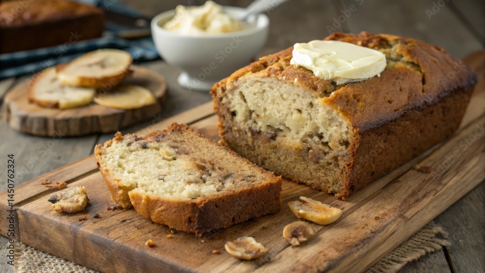 Homemade Banana Bread Loaf with Butter Spread on Wooden Cutting Board
Homemade Banana Bread Loaf with Butter Spread on Wooden Cutting Board