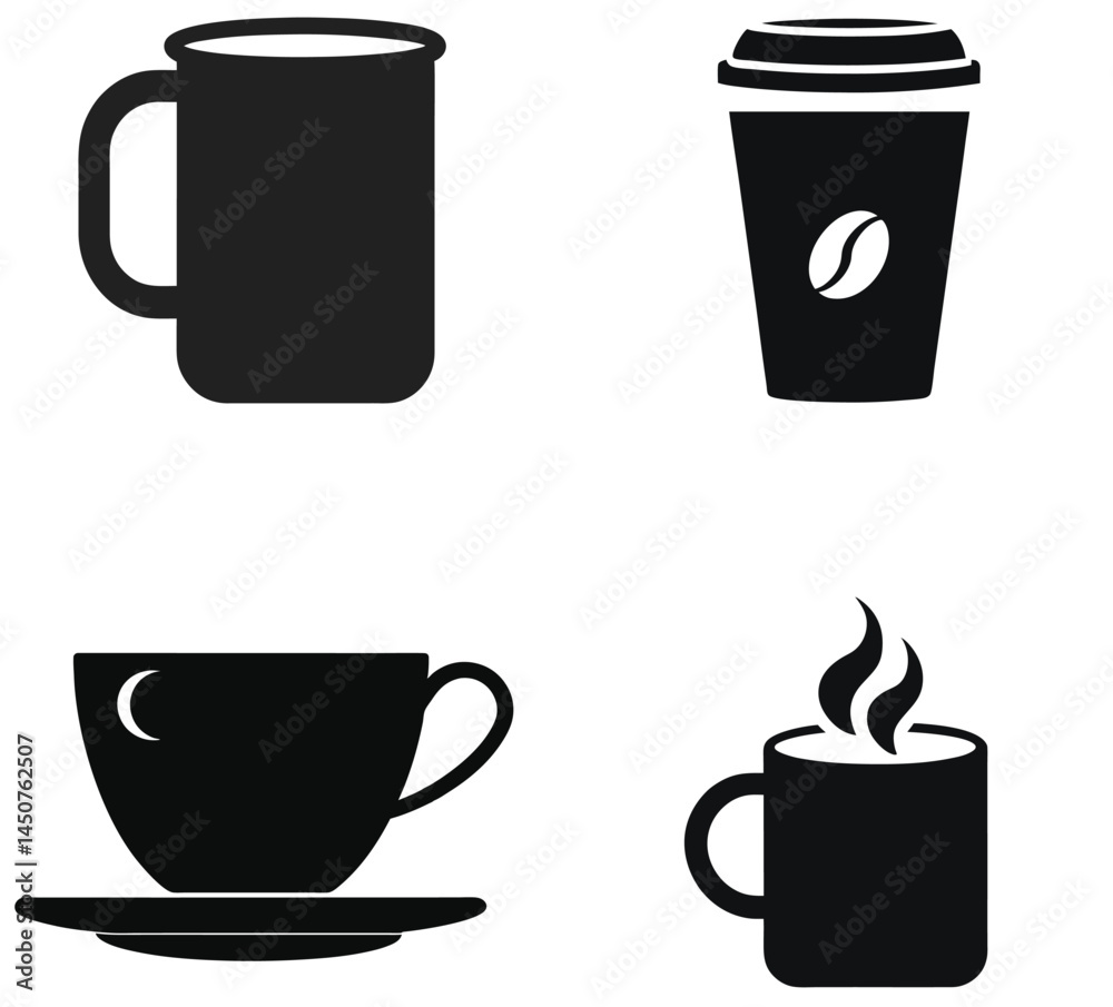 Obraz premium Silhouette of Beverage Vessels: This image provides a selection of various beverage vessels, each rendered in simple silhouette form, ideal for conveying themes related to cafe, coffee, and beverages.