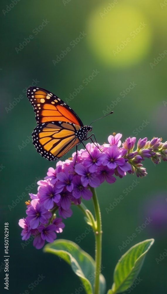 Fototapeta premium Vibrant purple flowers, monarch butterfly perched , violet, insect